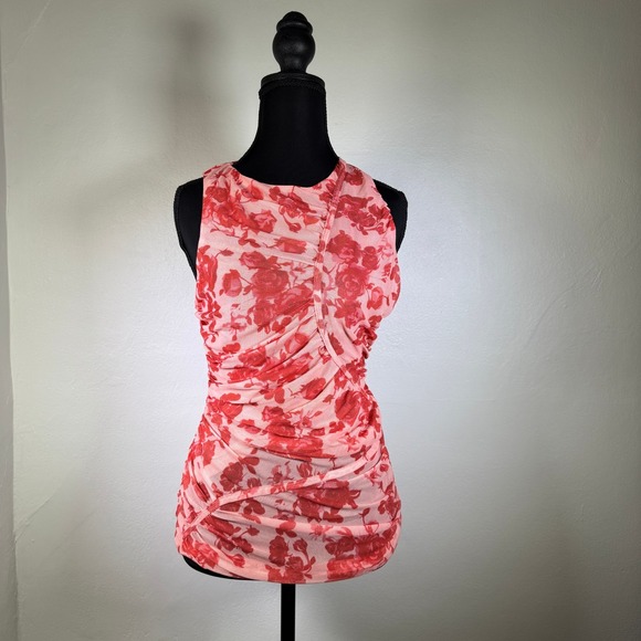 NWT Bardot Top Womens XL Size 10 Red Floral Felicia Ruched Blouse Mesh - Picture 1 of 16